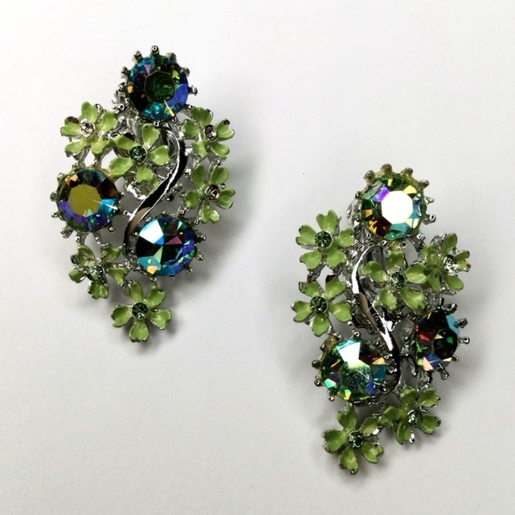 1960s Vtg Silver Tone Statement Clip On Earrings Enamel Flowers & AB Rhinestones - Picture 4 of 11